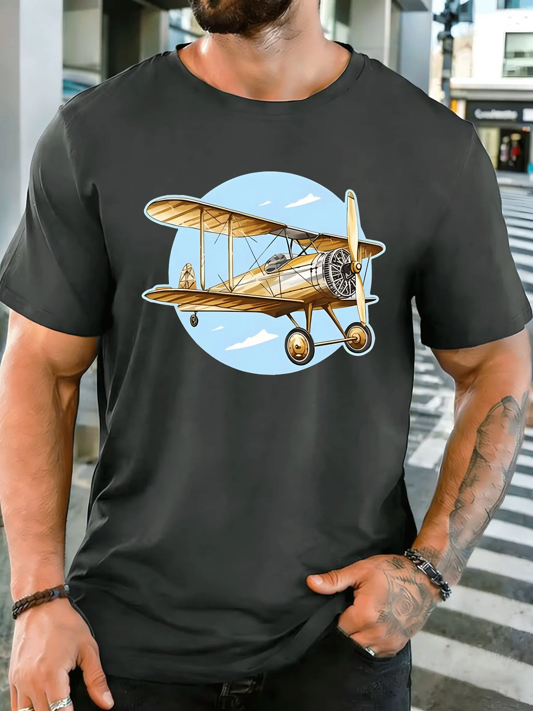 Vintage Biplane Aircraft Circle Sky Mens Front Print T Shirt Retro Airplane Graphic Tee Casual Short Sleeve Top Pilot Lover Gift