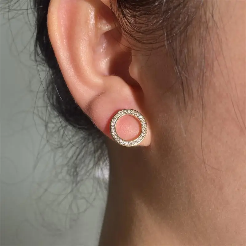 UILZ Minimalist Hollow Round Stud Earrings for Women Korean Style Fashion Shiny Zircon Earrings Daily Commute Jewelry Accessory