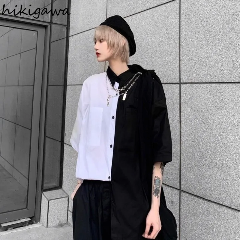 Hikigawa Blouses Women Summer Korean Harajuku BF Vintage Shirts Patchwork Loose Short Sleeve Blouse Streetwear Chic Blusas Mujer