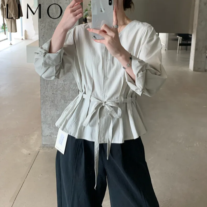 

LIMO Elegant V-Neck Tie-Waist Blouse With Belt - Slim Fit Casual Tops For Women, Fashion Loose Lazy Chic Versatile Shirt
