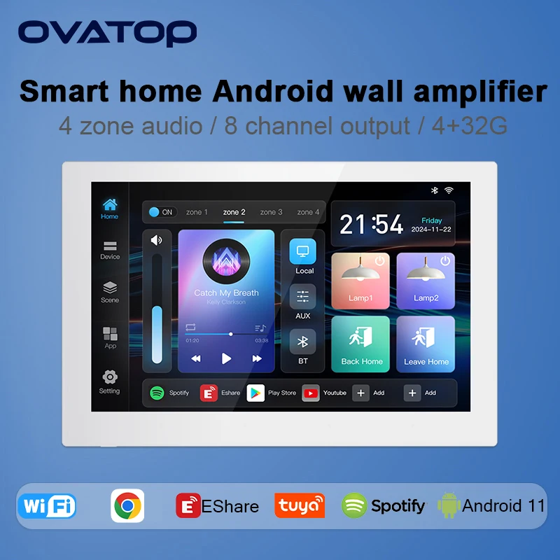 Smart home 4 zone audio in wall amplifier 4+32G Android 11 system TUYA controls panel 8 inch touch screen bluetooth music player