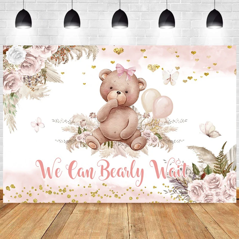 

We Can Bearly Wait Baby Shower Backdrop Bear Pink Flower Newborn Girl Party Decor Photo Background BOHO Pampas Grass Banner Prop