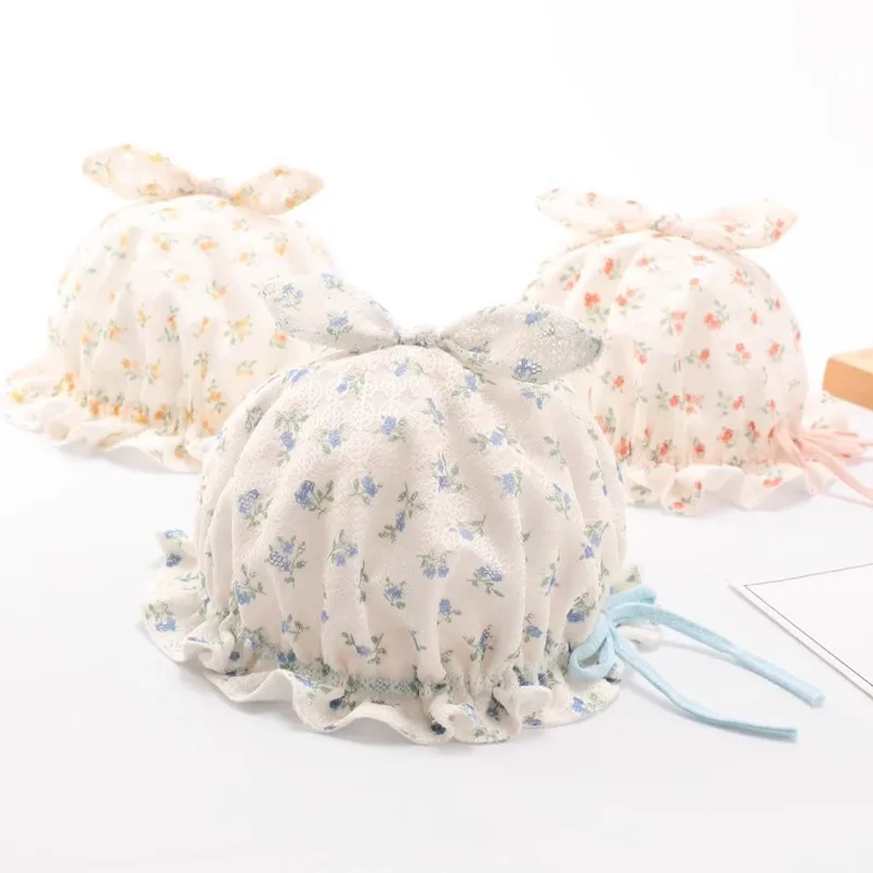 

Summer Princess Baby Bowl Cap Thin Cotton Newborn Ear Protection Hat Sweet Bow Floral Infant Fisherman Hat Toddler Sunscreen Cap
