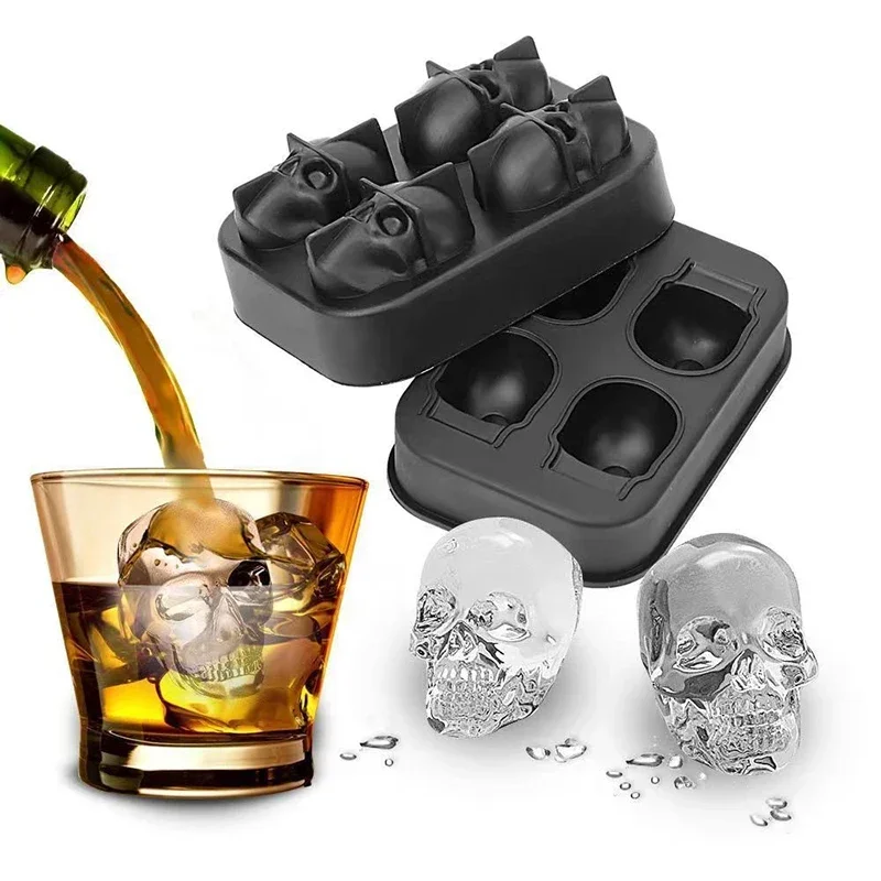 Skull Silicone Ice Cube Maker Ice Cream Mold Four Grids Bar Whisky Cocktails For Halloween Party Easy to Clean Kitchen Gadgets