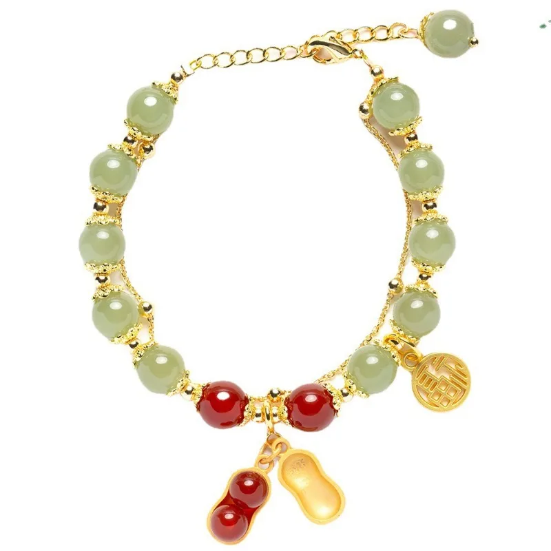 Hetian Jade Peanut Bracelet, Double Layer Beaded Bracelet, Light Luxury Stackable Jewelry for Women