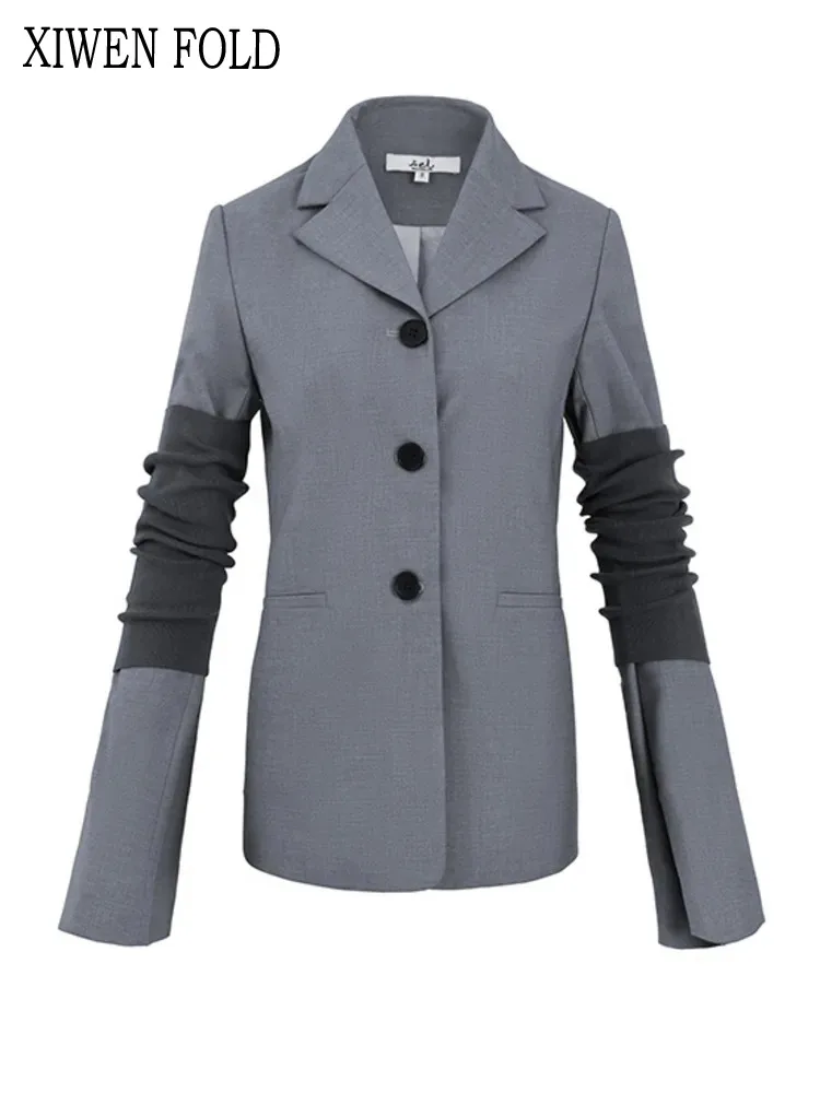 ZMEENNA-Women's Gray Pleated Blazer Elegant Casual Blazer Lapel Long Sleeve Loose Fit Jacket Fashion Tide Autumn New 2024 XF1834