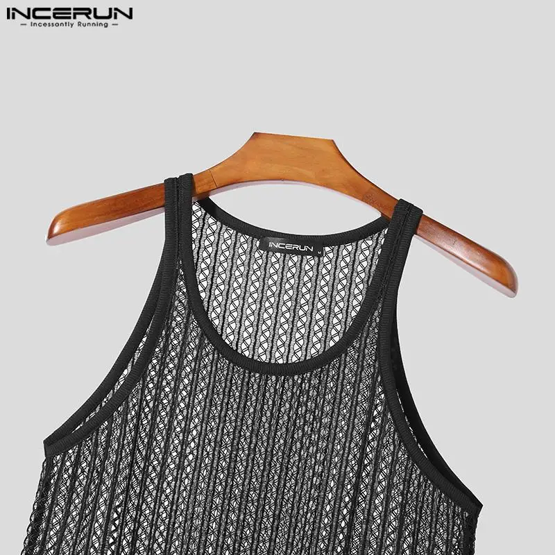 INCERUN Men Tank Tops Mesh Hollow Out Transparent O-neck Sleeveless Male Vests Streetwear Summer 2024 Sexy Fashion Men Clothing