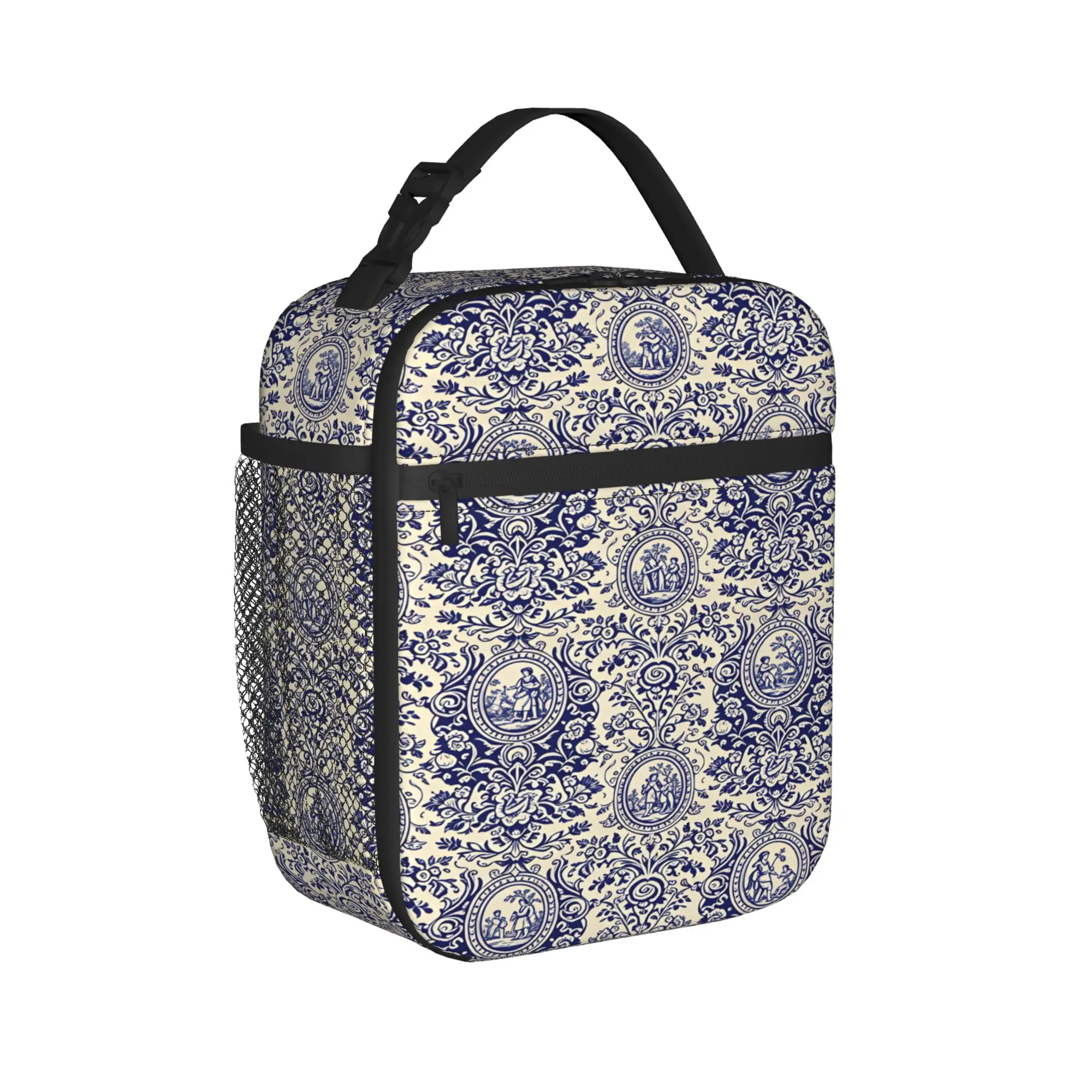 Navy Blue Toile De Jouy  Lunch Bag  Kawaii Lunch Box Travel Convenient Thermal Tote Handbags For Child Oxford Print Cooler Bag