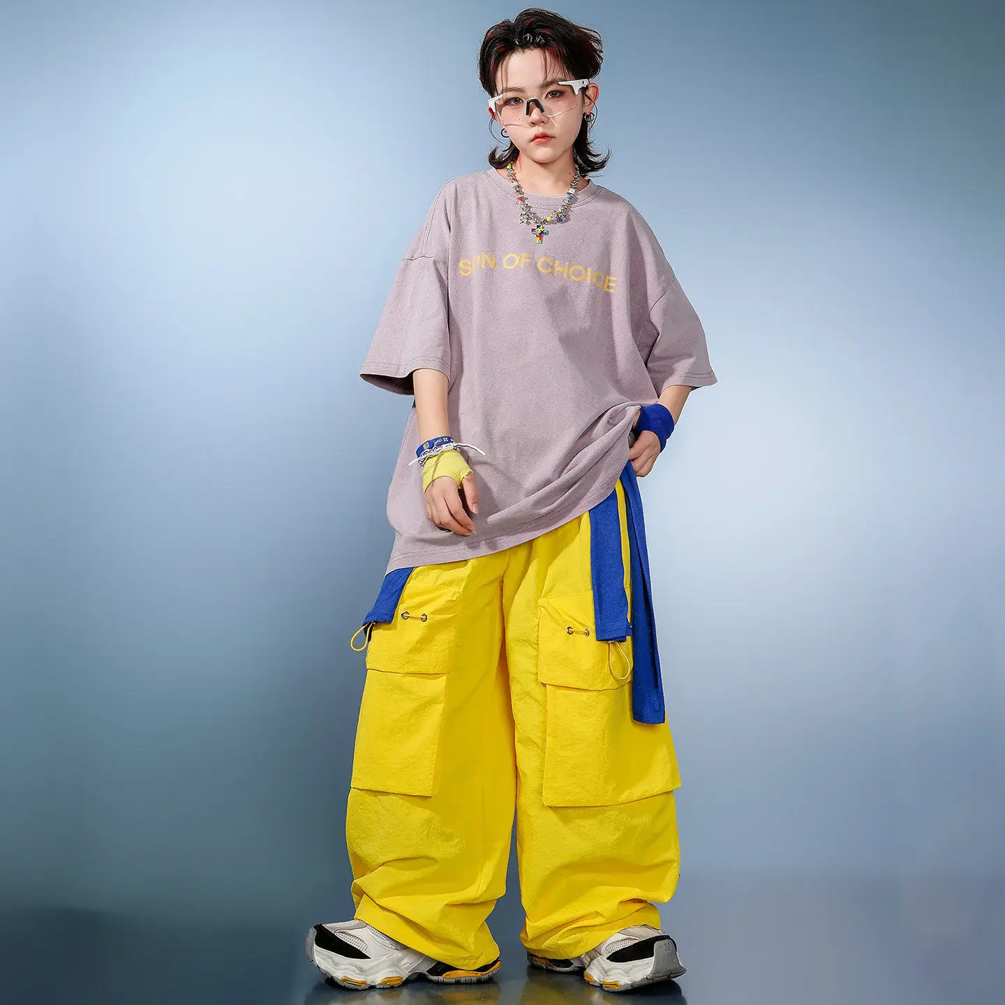 

Kid Kpop Hip Hop Clothing Light Purple Letters T Shirt Yellow Casual Wide Cargo Pants for Girl Boy Street Dance Costumes Clothes