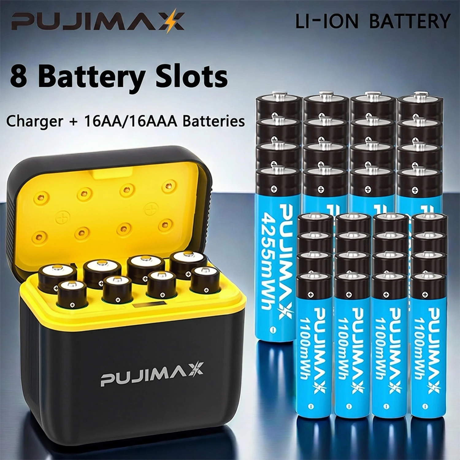 PUJIMAX 8-Slot 1.5V Constant Voltage Intelligent Charger Kit. Large-Capacity Lithium Battery, Equipped with 4255mAh + 1100mAh Lithium Battery, Suitable for AA/AAA Batteries, Fast Charging and Portable, Long-Lasting Endurance.