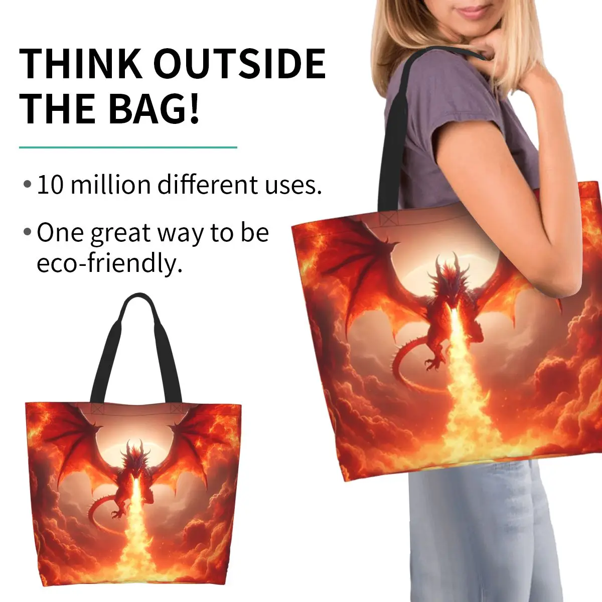 

Dragon In The Fire Shopping Tote Bag Canvas Large Capacity Shoulder Bags Shopper Grocery Handbag for Women