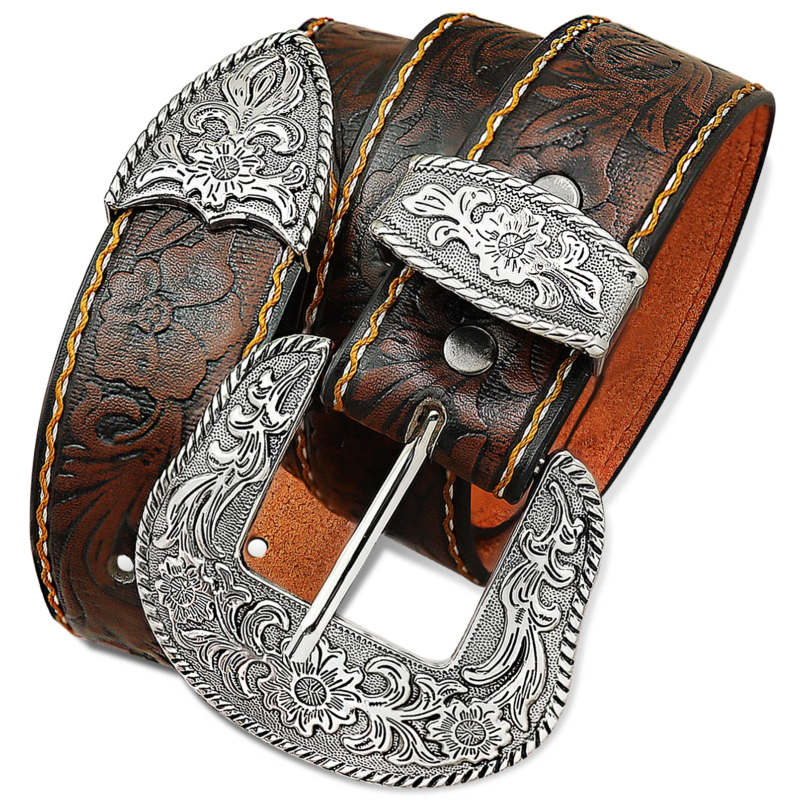 RechicGu Western Cowboy PU Leather Belt Men Waist Strap Decoration Floral Engraved for Jeans Fashion Women Girdle