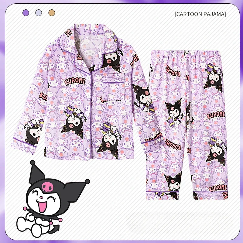 Kawaii Sanrio пижамные комплекты для девочек, удобный комплект ночной одежды с карманами и длинными рукавами, мягкая, приятная для кожи домашняя одежда, осень