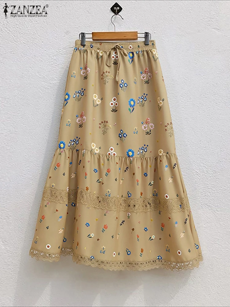 

ZANZEA, женские длинные юбки большого размера, осень 2022, кружевные макси-трубы с рюшами и цветочным принтом, эластичная талия, Jupes, богемные Faldas Saia