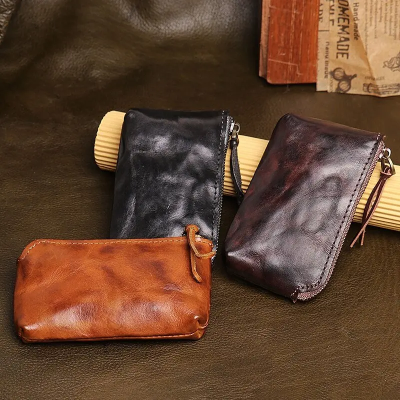 

Handmade Original Genuine Leather Short Coin Purse Wallet Male Zipper Simple Mini Small Purse Key Bag Coin Wallet Card Bag