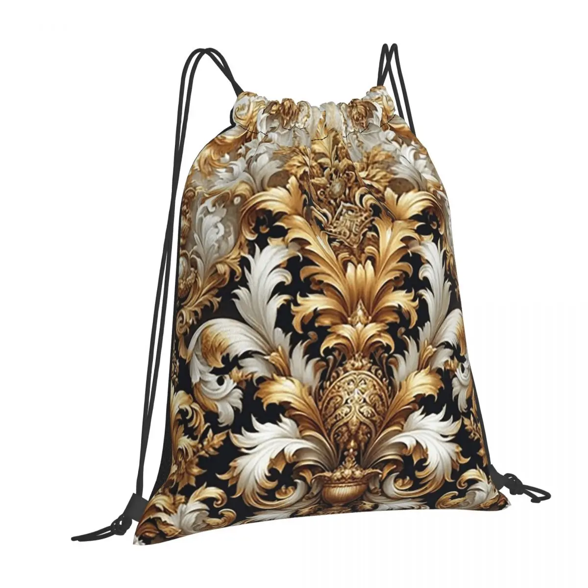 White, Black And Gold Baroque Backpacks Fashion Drawstring Bundle Pocket Sports Bag Book Bags for Travel School