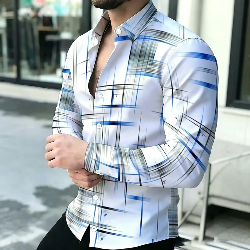 High quality men's shirt with abstract line printed long sleeved shirt, business casual shirt, commuting versatile top S-6XL