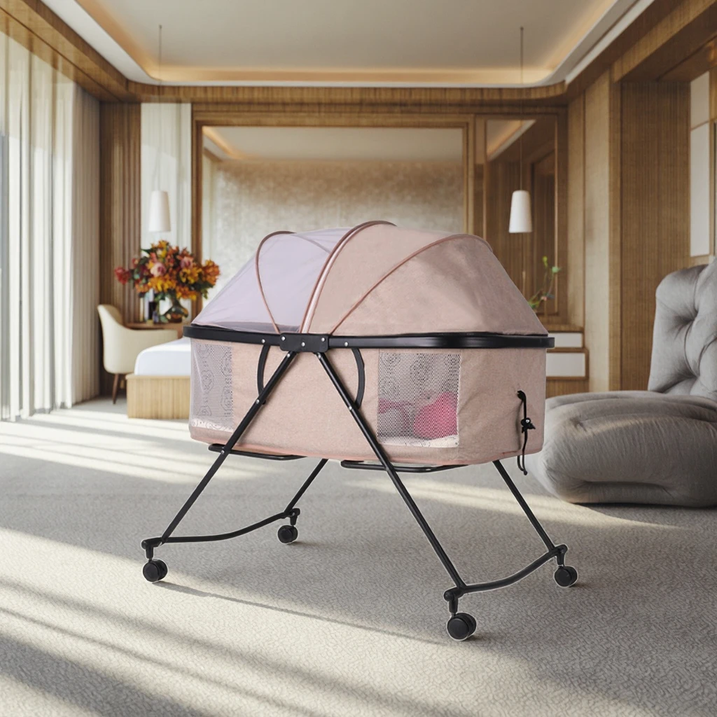 سرير أطفال معدني قابل للتعديل بتصميم أوروبي حديث قابل للطي مع سرير بجانب السرير للاستخدام في غرفة النوم والفندق #6