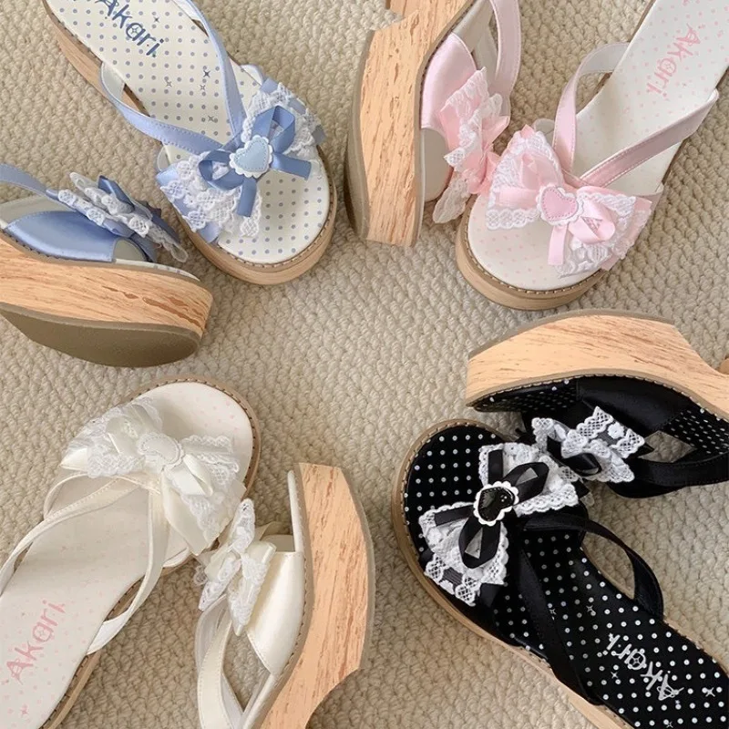 Sweet Bow Wood Grain Thick Bottom Platform Slippers Women Summer Japanese Cos Comfortable High Heeled Sandals view 6