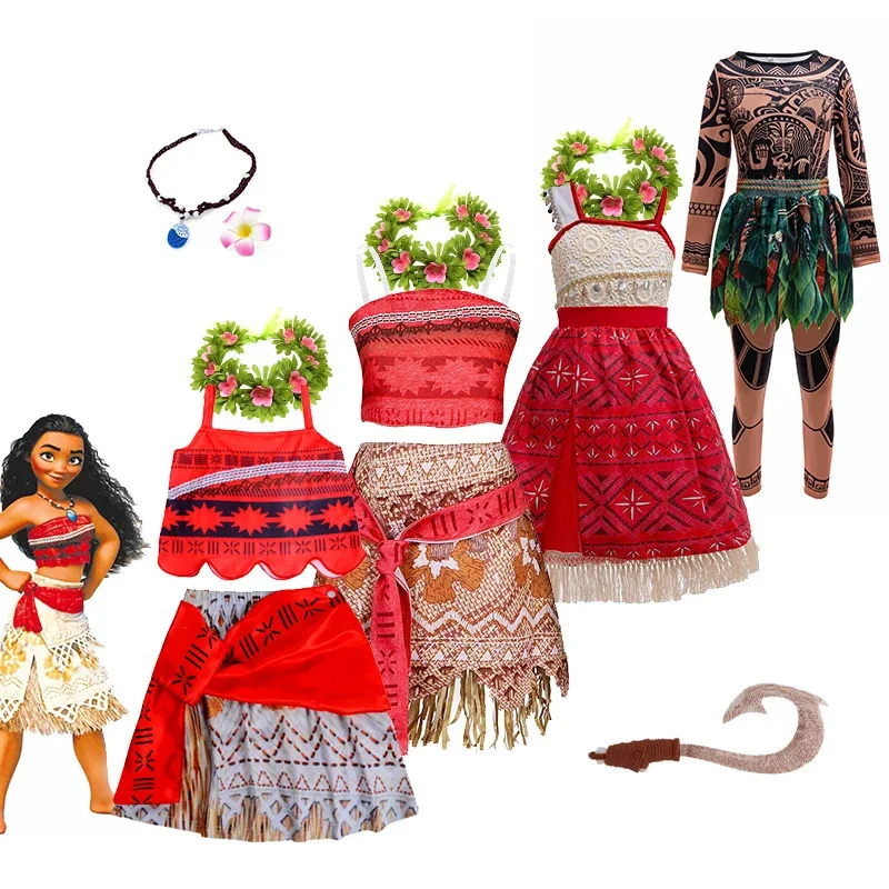 2 4 6 8 سنوات مجموعة ملابس فايانا للأطفال لعب الأدوار ديزني موانا تمويه فستان الأميرة ملابس المسابقة فستان الشاطئ هاواي