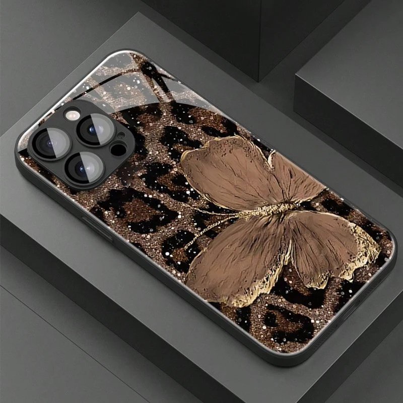 高級蝶柄レオパード柄ガラス素材スマホケース iPhone 17 16 15 14 Pro Max 13 12 11 16E 7 8 Plus XR XS X カバー対応
