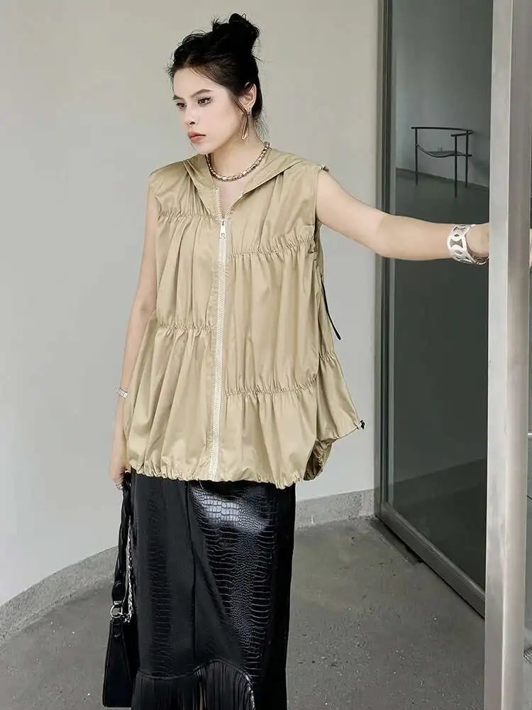 

Women Khaki Pleated Spliced Pocket Big Size Casual Vest New Hooded Sleeveless Fashion Tide Spring Summer