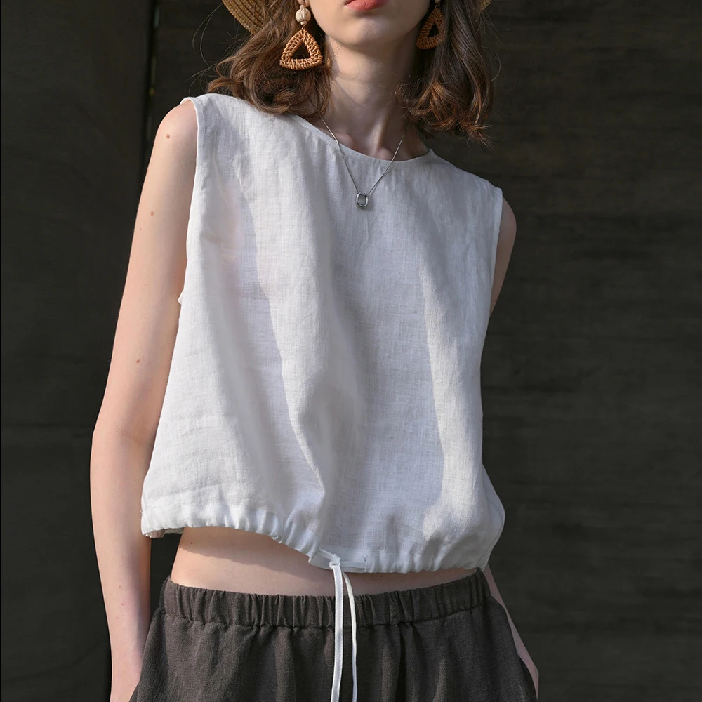 100% Linen Good Quality Women Summer Loose Style Vest Blouses Lace-Up Hem Design Fashion Boho Women Linen Tank Tops Shirts