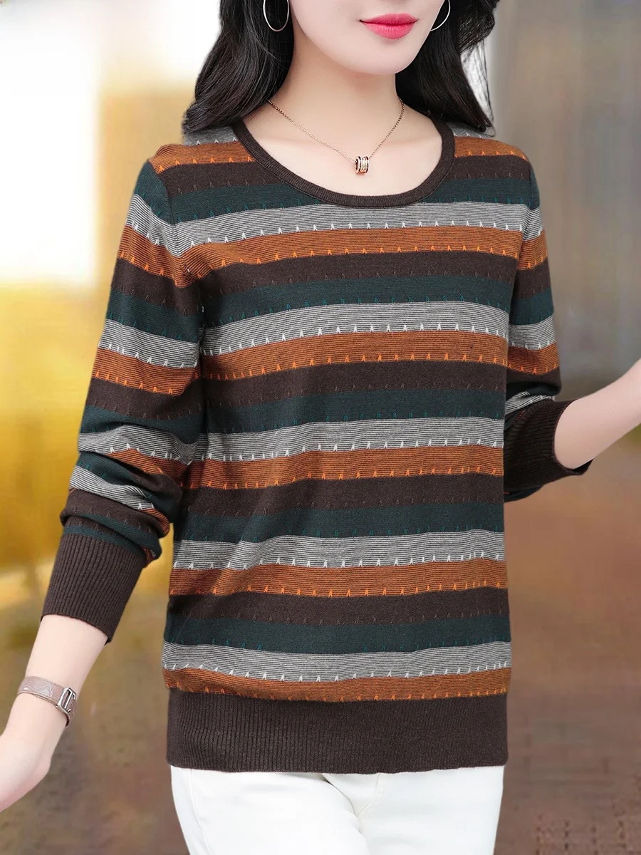 

TUCANO Large Size Striped Base irt Women's Sweater Spring Autumn Loose Knitted Top Mom's Comfortable Faion Korean Sle