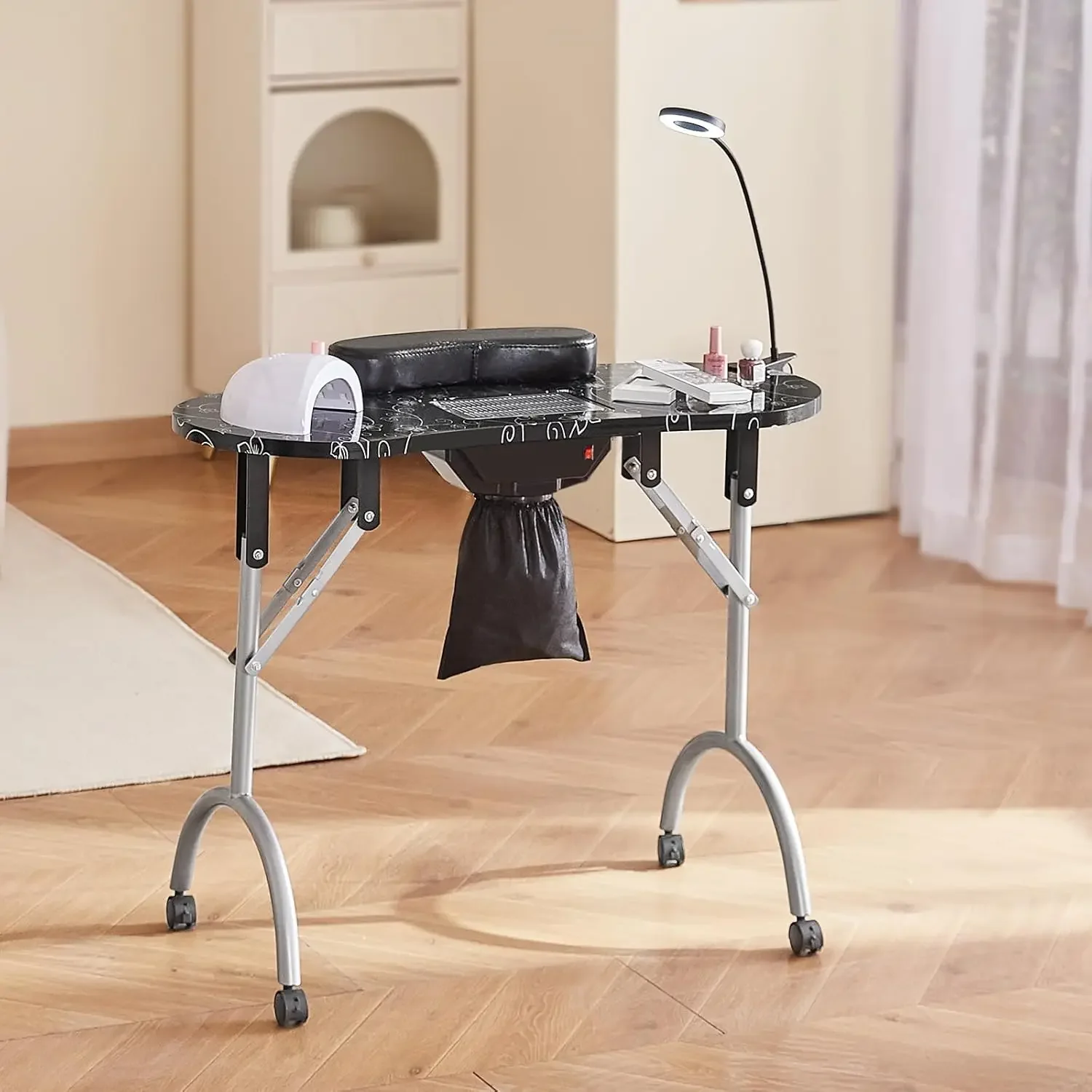 Portable Manicure Table, Foldable Nail Table with Electric Dust Collector, Moveable Nail Tech Desk & 4 Wheels, 3 Dust Bags, Bend