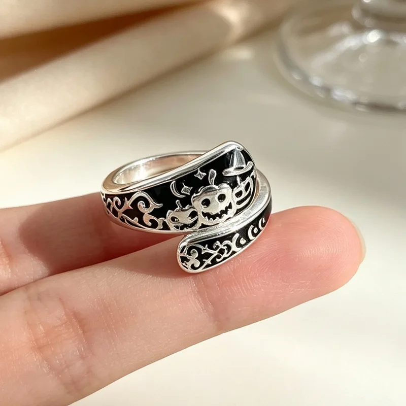 New Fashion Dark Wind Pumpkin 925 Sterling Silver Jewelry Original Halloween Element Relief Modeling Opening Rings 02085