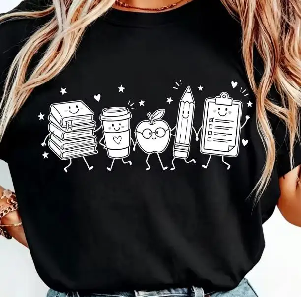 Women Cute Cartoon School Supplies Graphic T Shirt Back To School Teacher Gift Short Sleeve Casual Cotton Tees Kindergarten Teacher Daily Tops