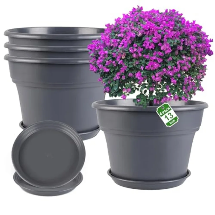 

Набор из 4 больших пластиковых горшков для растений 13 дюймов, для уличных и комнатных растений, с дренажными отверстиями и поддонами, классический дизайн