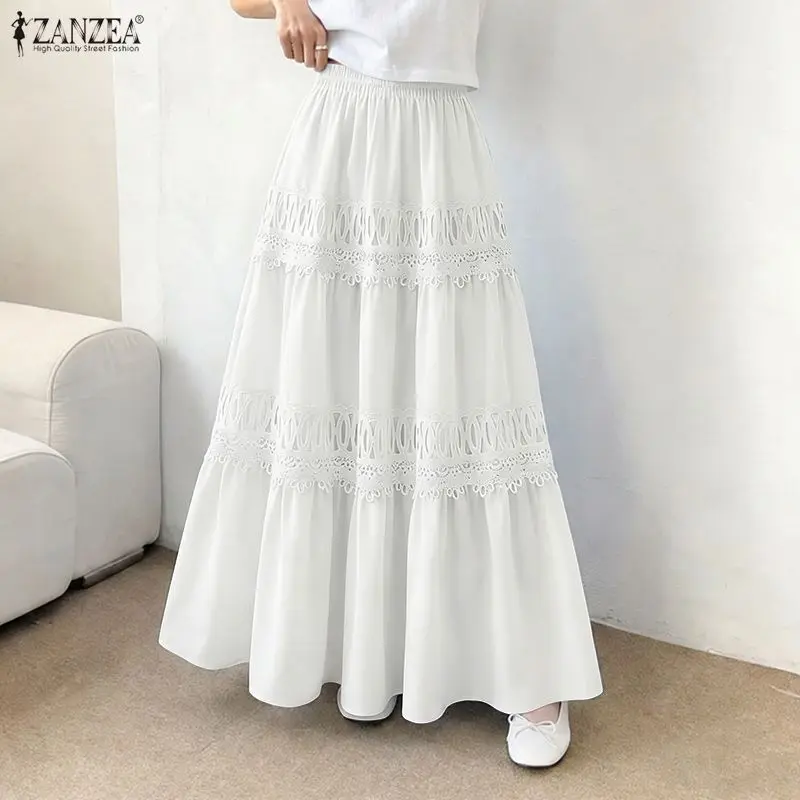 2026 ZANZEA Summer Casual Elastic Waist Holiday Skirt Stylish Women Lace Patchwork Skirt A-line Jupe Elegant Work Faldas Saia