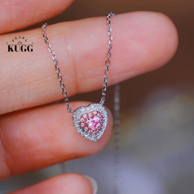 KUGG 18K White Gold Necklace Elegant Heart Design 0.23carat Real Natural Pink Diamond Pendant Necklace for Women Birthday Gift