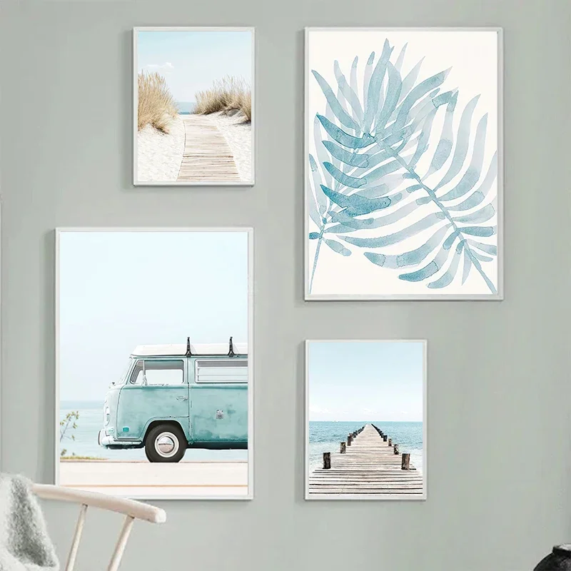 1PC  Wall Decoration Canvas Painting Ocean Beach Bridge Wall Art Sea Palm Tree Leaves Bus Nordic Living Room For Home Decor