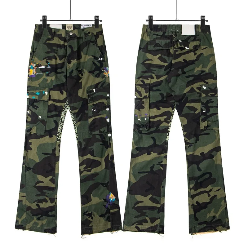

Camouflage Spattered Ink Patchwork Work Pants High Street Retro American Frayed Casual Long Trousers Trendy Straight Leg Jeans