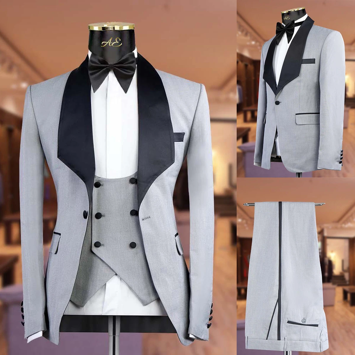 

Luxury Men's Suits For Wedding Shawl Lapel Tuxedos 3 Pieces Groom Wear Evening Party Customize Coat Pants With Vest