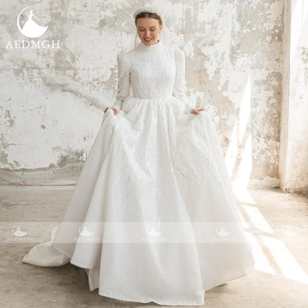 Aedmgh A-Line Abiti da sposa vintage Collo alto Manica lunga Vestido De Novia Abito da sposa musulmano su misura con paillettes in rilievo di pizzo