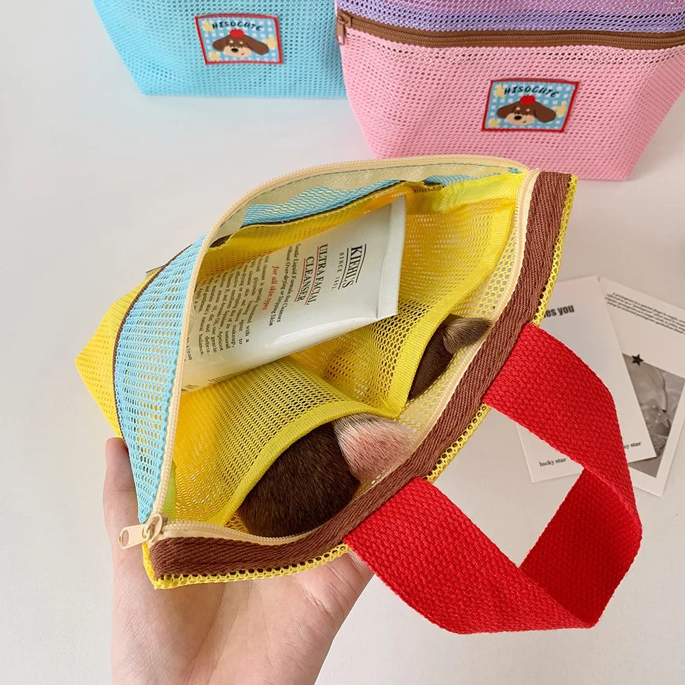 Damen-Kosmetiktasche aus Mesh mit Farbblock-Design, Tragegriff und süßem Applikationsmotiv, kleine Kosmetiktasche für die Aufbewahrung von Reiseutensilien im Alltag – Detail 8