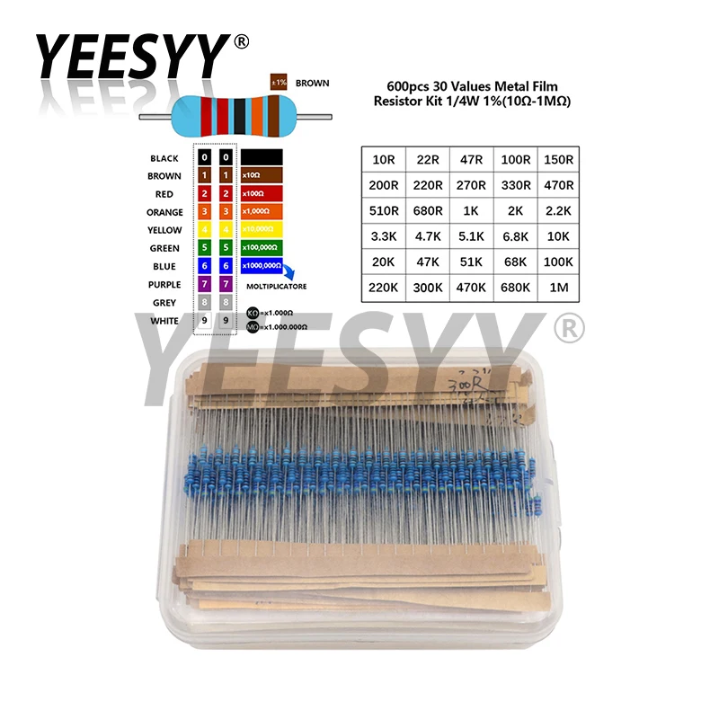 

Комплект металлических пленочных резисторов 600 шт., 1/4 Вт, 30 значений, сопротивление 10 Ом ~ 1 м, набор 1%, упаковка «сделай сам», электронные компоненты