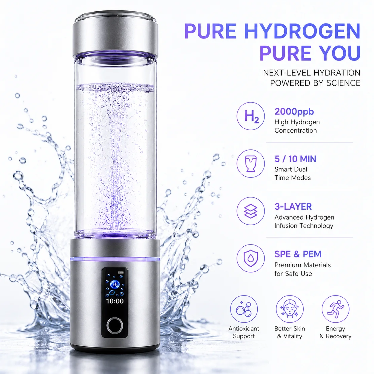 

Versatile 2000ppb LCD Screen 3-Stage Multi Beverage Ceramic Technology Portable Water Generator Bottle Machine Ionizer