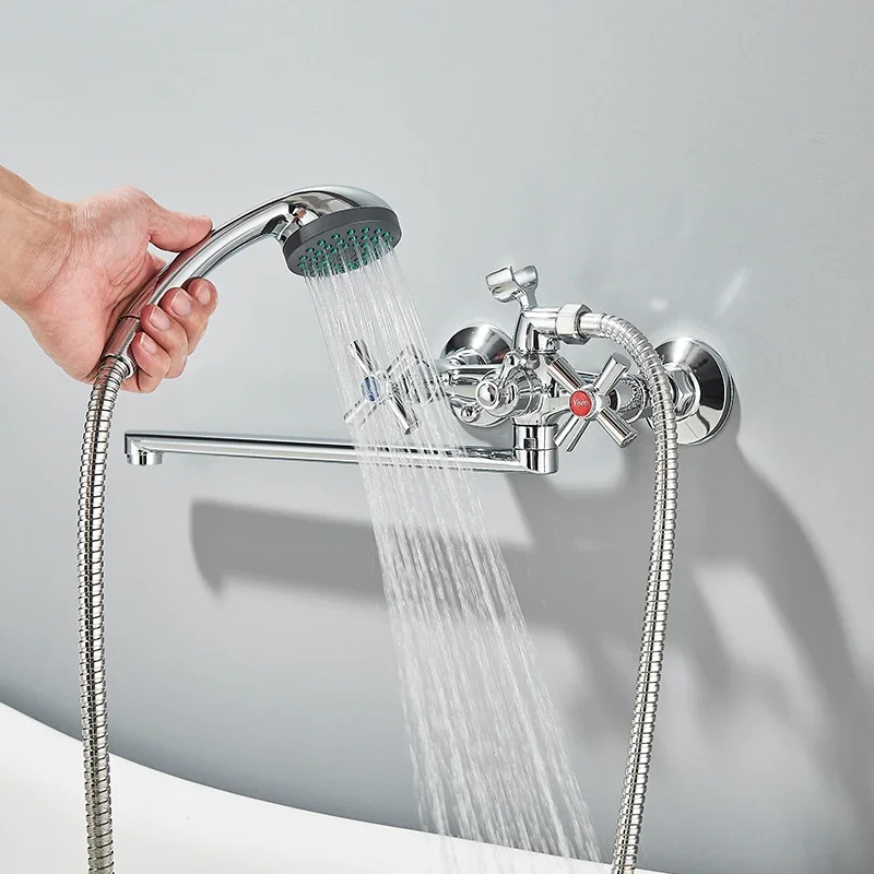 

Chrome Bathtub Mixer with Shower Long Spout Bathtub Tap Dual Handle Bathtub Shower Mixing Valve Household Bathroom Faucets