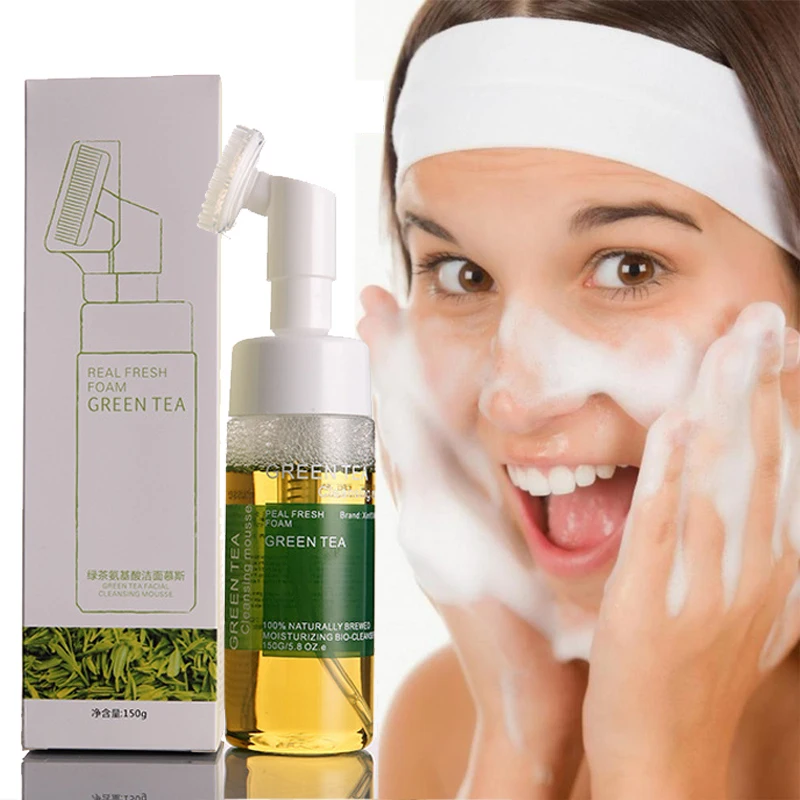 Facial Cleanser Green Tea Amino Acid Cleansing Foam Massage Brush Head Moisturizing Mild Facial Exfoliating Skin Whitening 150g