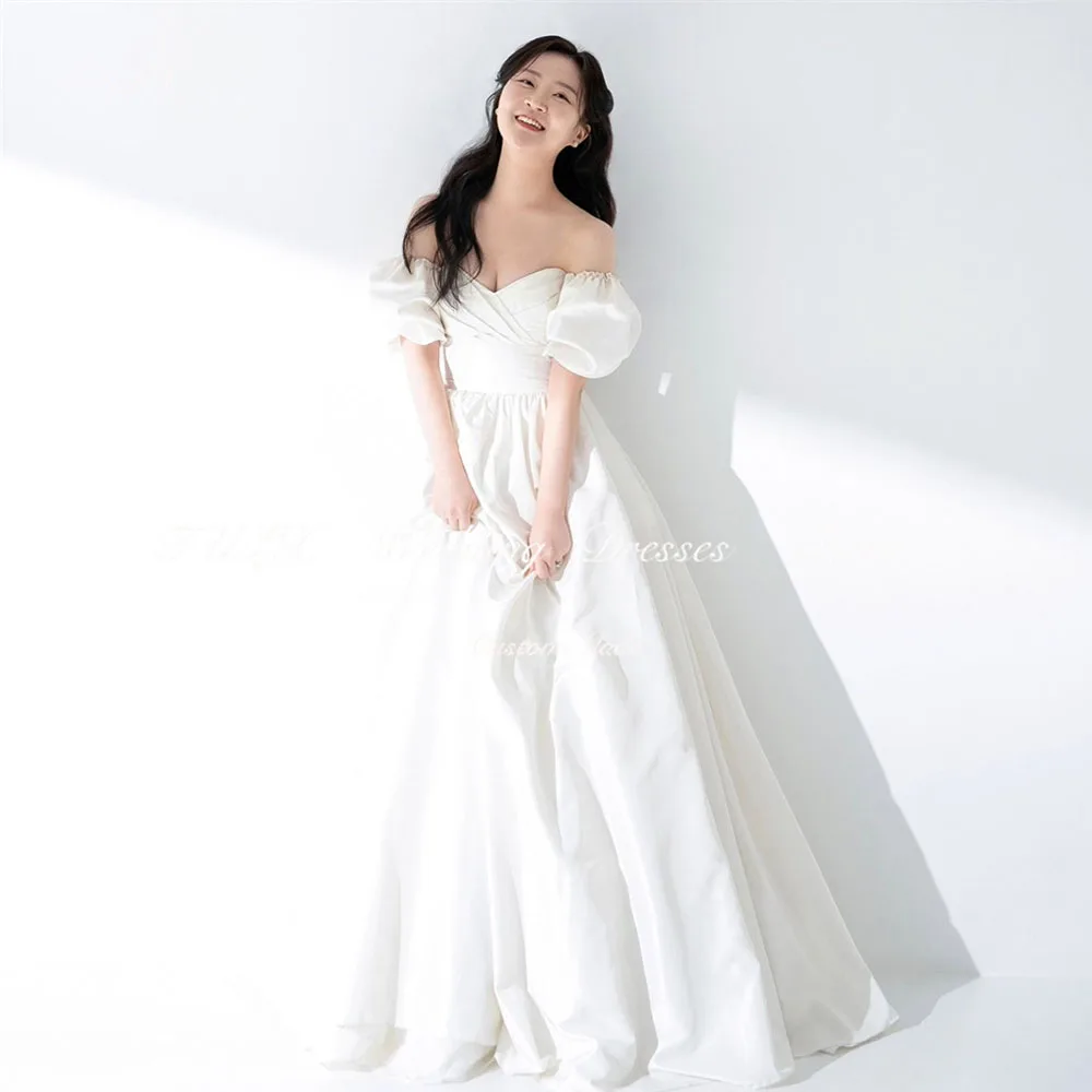 

TULX Simple Taffeta Sweetheart Pleat Korea Wedding Photo Shoot Dress Puff Sleeve Long Bridal Gowns Corset Back 웨딩드레스 Customized