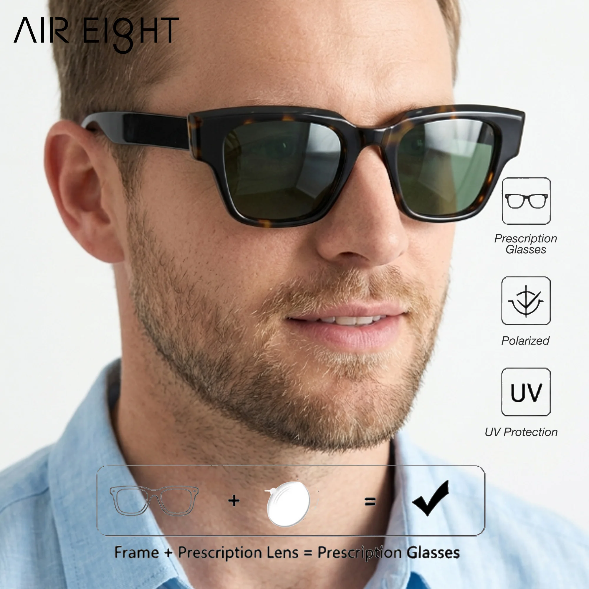 AIR EIGHT S Size Square Acetate For Men Prescription Sunglasses Polarized UV400 Progressive Lenses Casual Travel Glasses