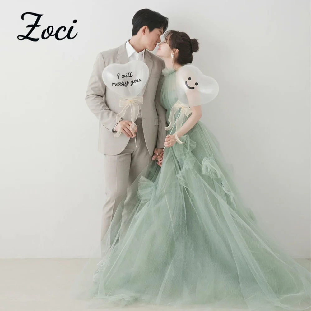 

Zoci Mint Green Soft Tulle Wedding Dresses Halter Sleeveless Bridal Gown A-line Pleated Sweep Train Korea Photo Shoot Dresses