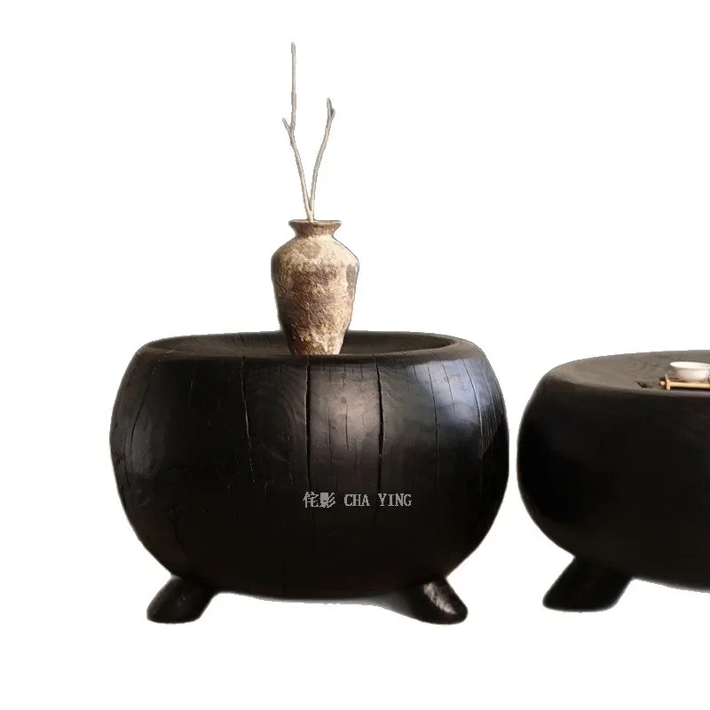 Wabi Sabi Black Carbonized Solid Wood Round Coffee Table Natural Tree Stump Design for Living Room Home Decor