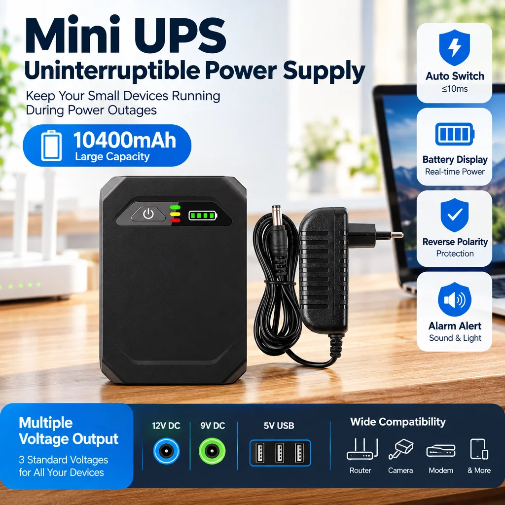 10400mAh Mini UPS Emergency Power Supply Detachable Battery Backup Anti-Reversal 18650 Rechargeable for WiFi Router 12V/9V/5V