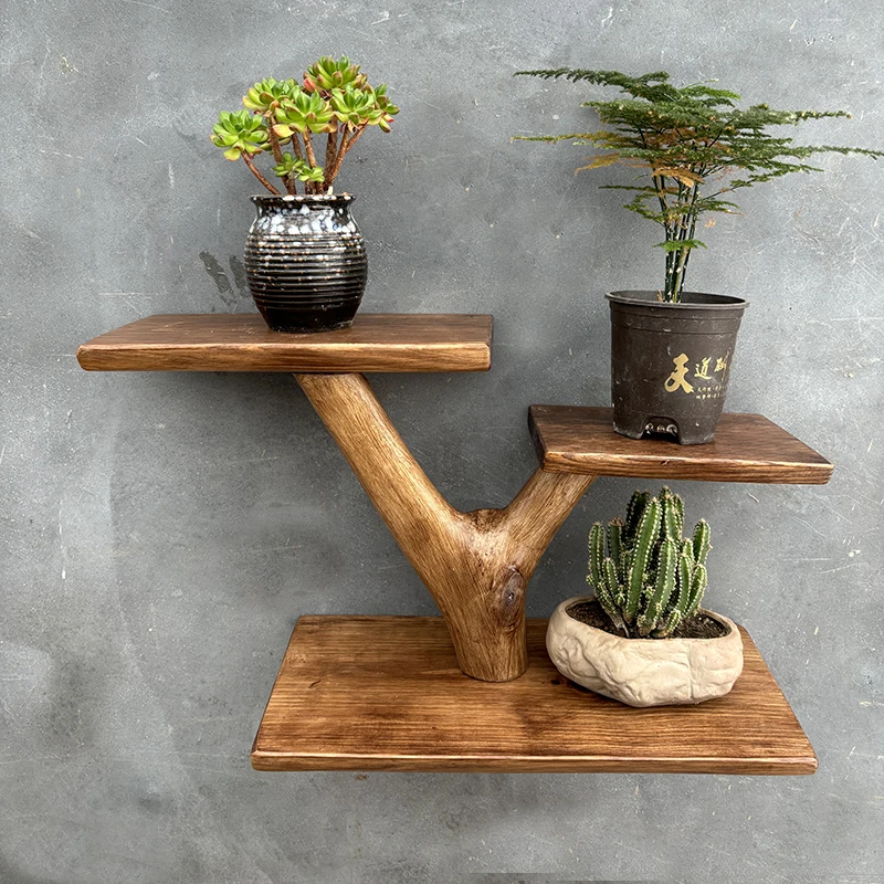 Solid Wood Shelf Unit, Rustic Wall Mounted Organizer, Multi-Tier Flowerpot Storage Rack, Creative Branch Design Planter Display