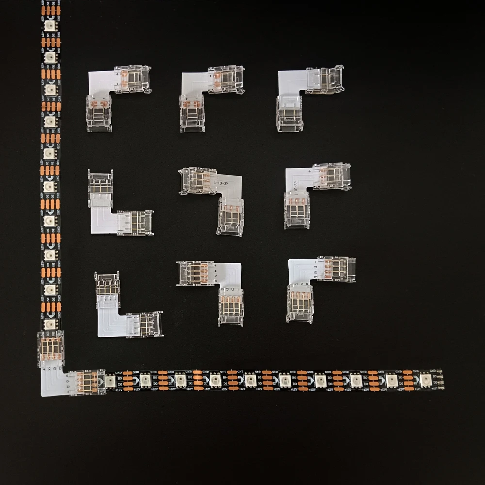 LED-Eckverbinder, rechtwinklig, L-Form, transparente Schnalle, lötfrei, für SMD 2Pin/3Pin/4Pin 8mm 10mm WS2811 WS2812 WS2815